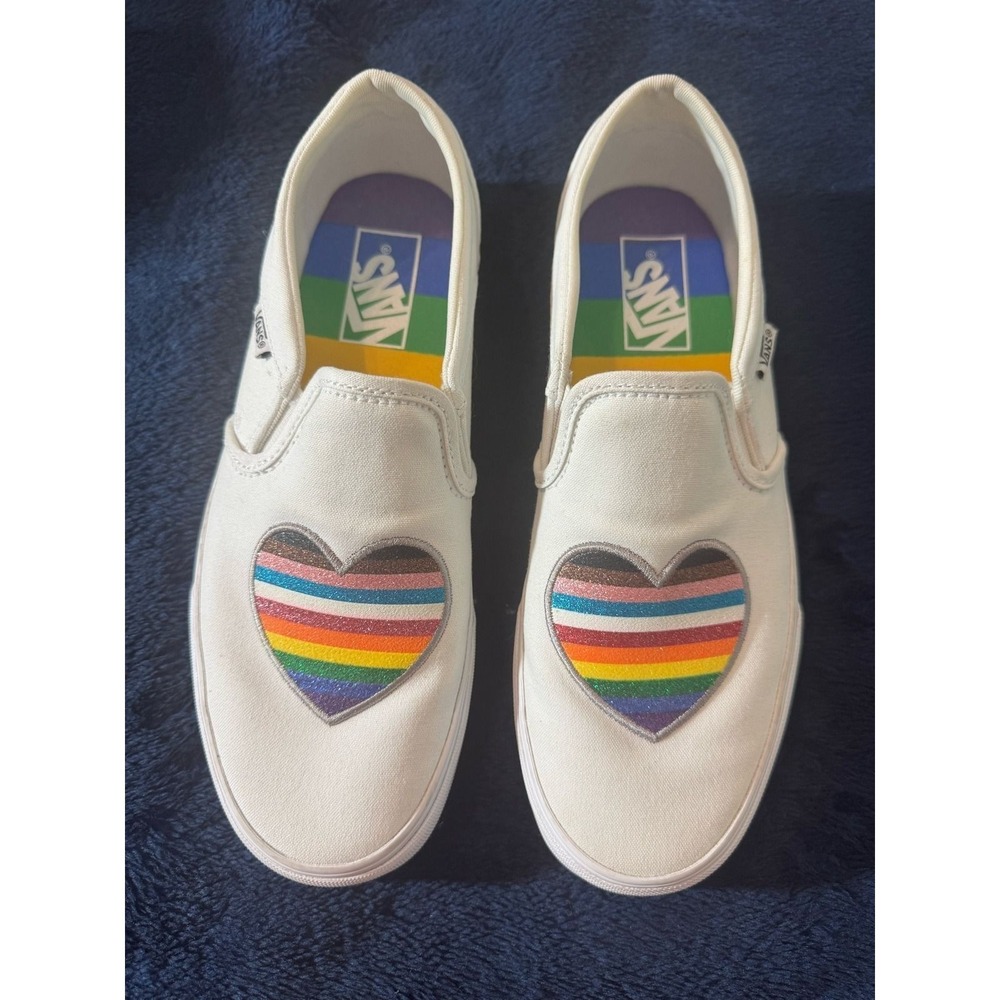Vans Asher Pride Rainbow Heart Slip-On Sneakers White Women's 9